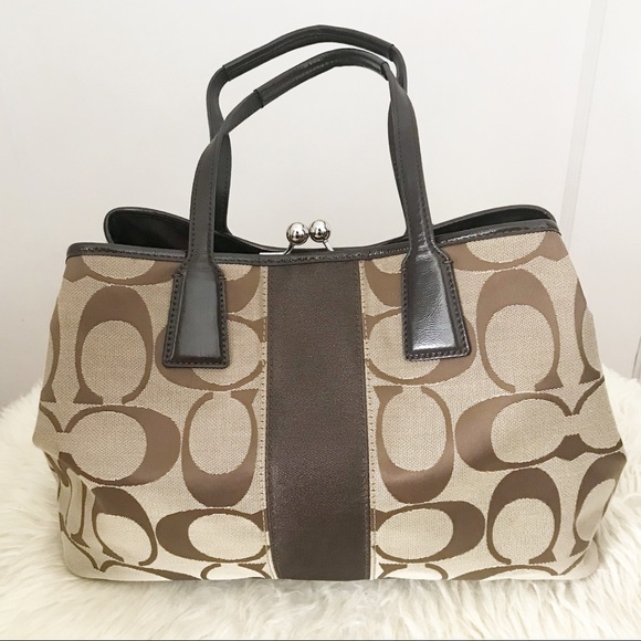 Coach Signature Stripe Kisslock Carryall Satchel - Picture 2 of 9